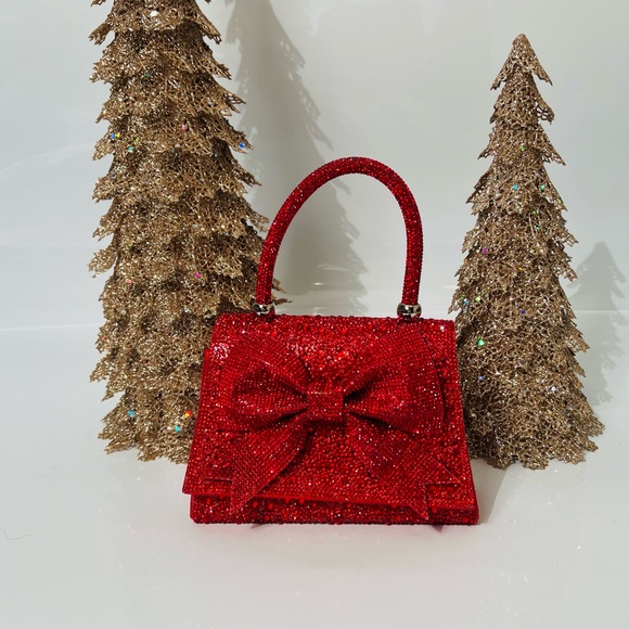 Red Rhinestone Studded Top Handle Large Bow Evening Bag - Picture 2 of 15